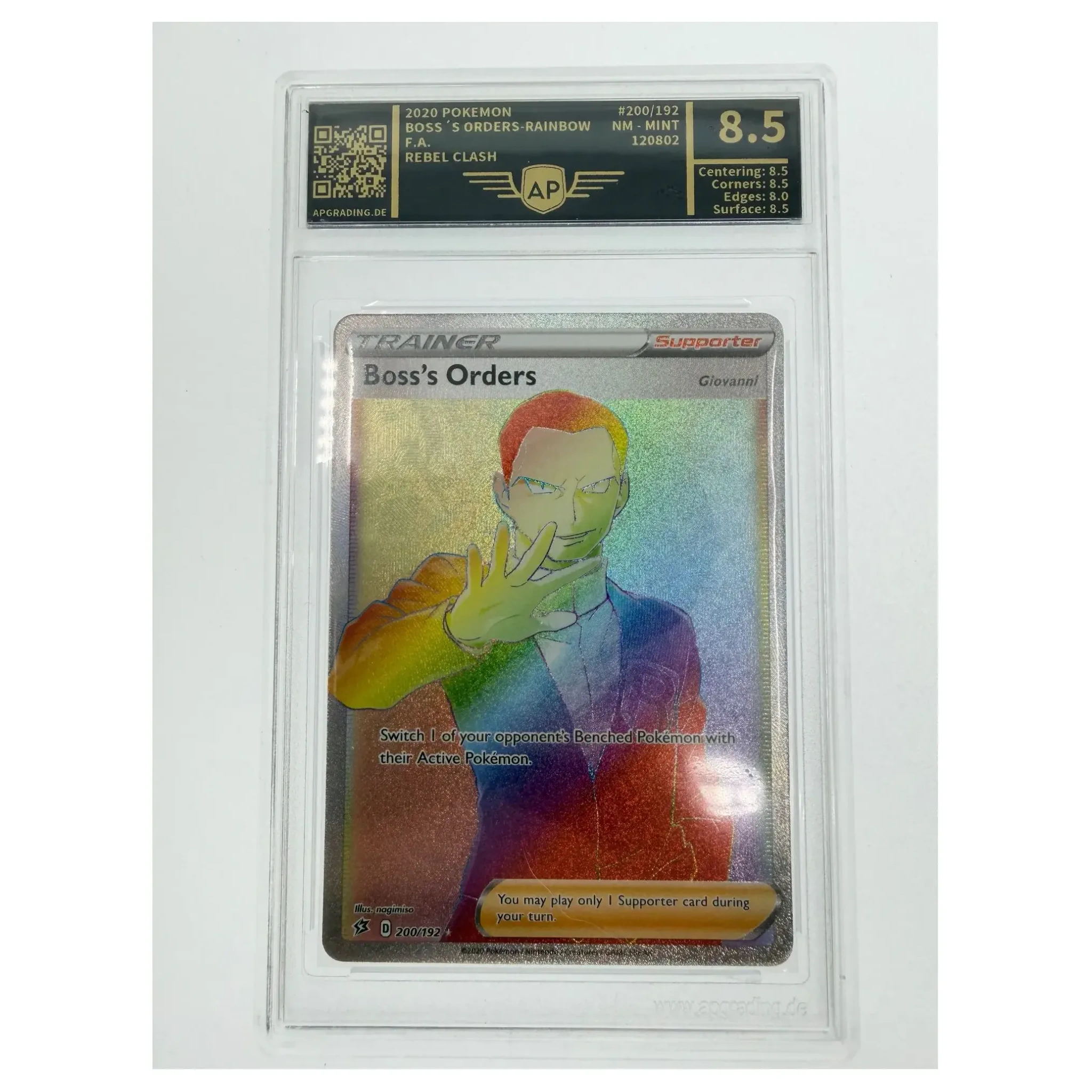 Pokemon Boss's Orders (Giovanni) Rainbow Rare — Rebel Clash 200/192 (Graded AP 8.5) (Pokemon Kaarten) — Losse cartridge, Goed staat — origineel tweedehands kopen bij Gameshop Enter